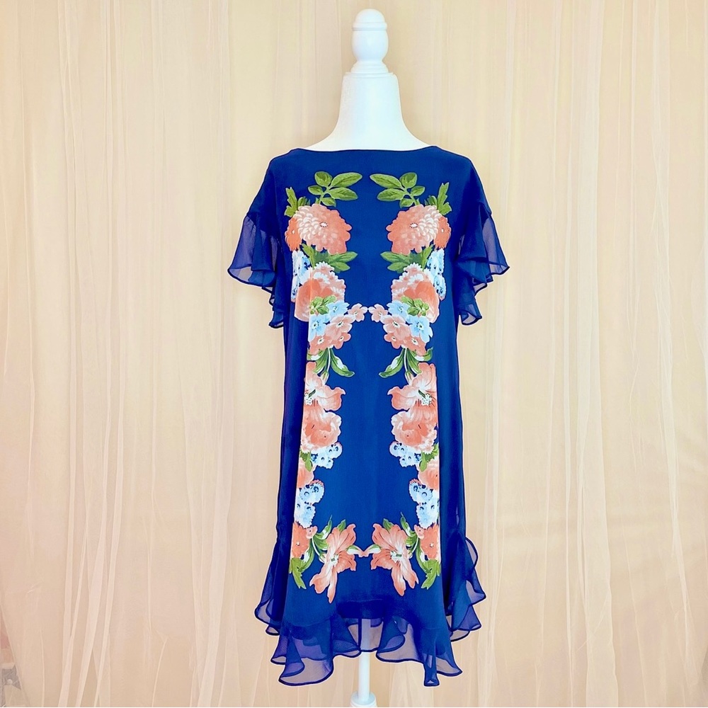 NWT Beautiful blue floral knee-length shift dress with ruffles - Size XS